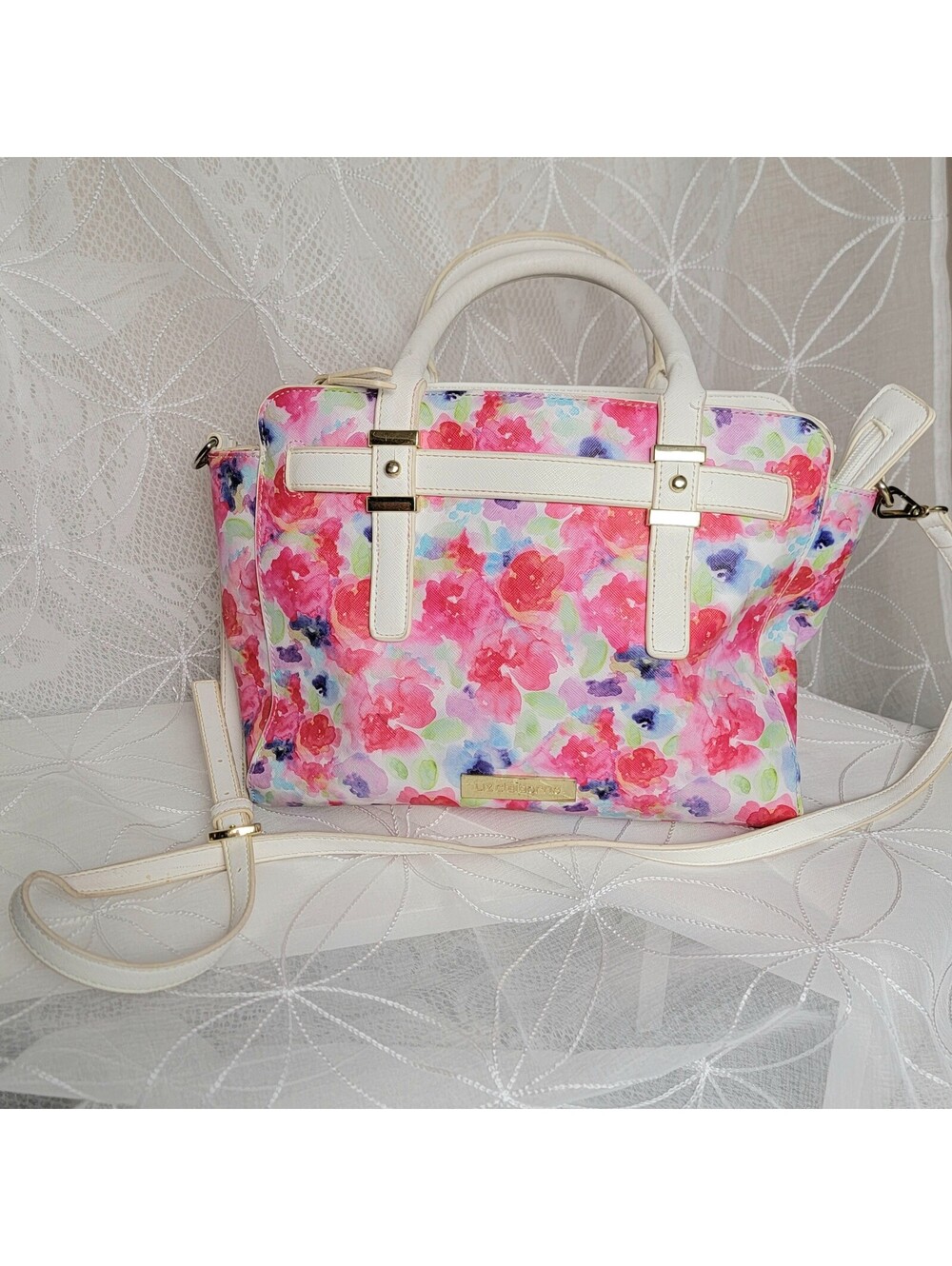 Liz Claiborne Floral Print Satchel Handbag with White Leather Trim